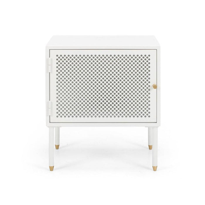 Dawn sideboard with white powder-coated metal, perforated doors and brushed brass accents.