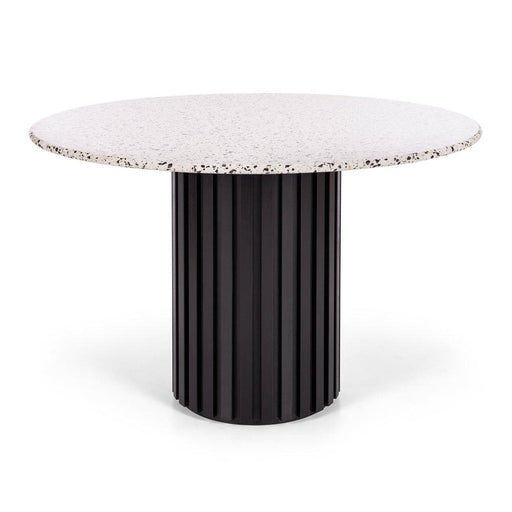 Terrazzo round dining table with linear slatted black oak base.