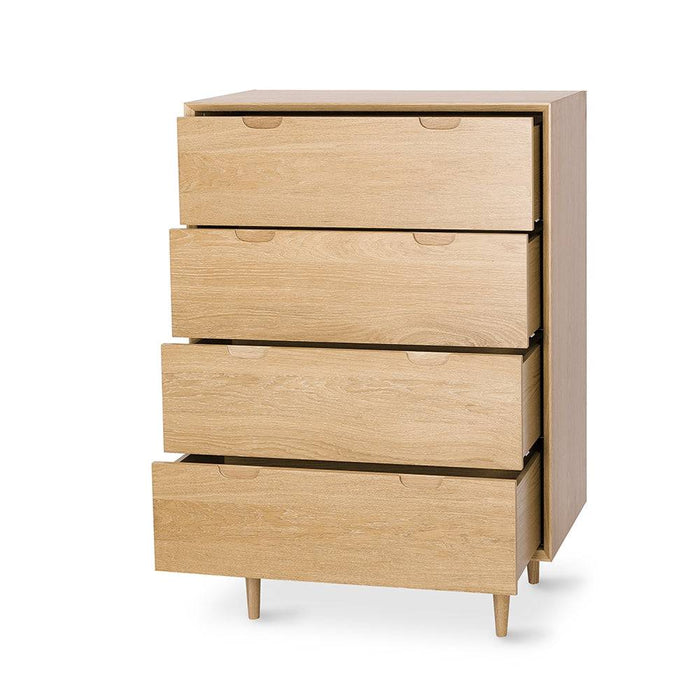 Oslo bedside table with four drawers with gorgeous oak finish and blend of mid-century and classic Scandinavian furniture. 