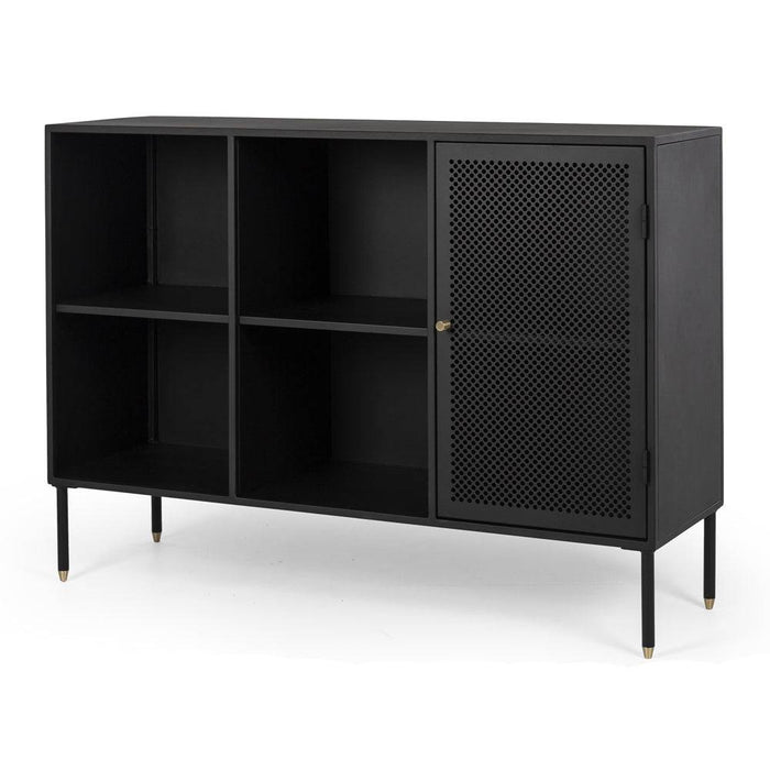 Dawn sideboard with black powder-coated metal, perforated doors and brushed brass accents. 