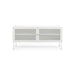 Dawn small white TV Unit features two spacious drawers for storage on either side of the unit for all your media needs. The stand is height adjustable with a maximum height of 130cm.
