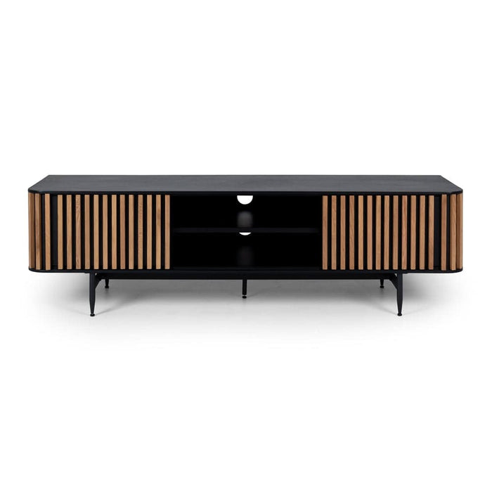 Linea TV Stand with a black body and oak detailing, this TV stand will add style to any living room.