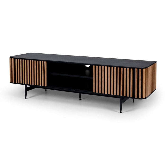 Linea TV Stand modern furniture with a black body and oak detailing, this TV stand will add style to any living room.